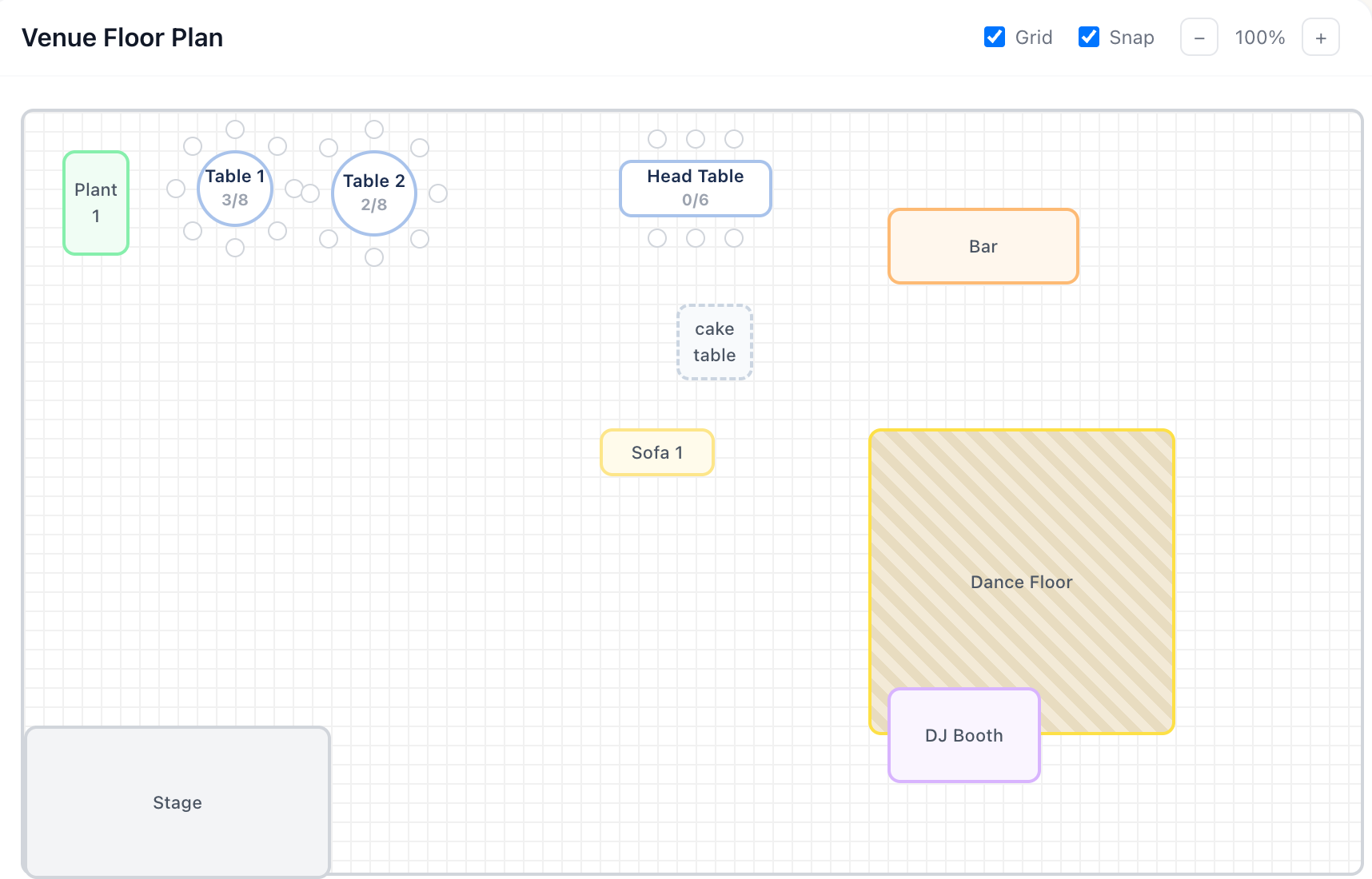 Drag-and-drop venue floor-plan builder, true to scale, showing tables, a dance floor, bar, and DJ booth